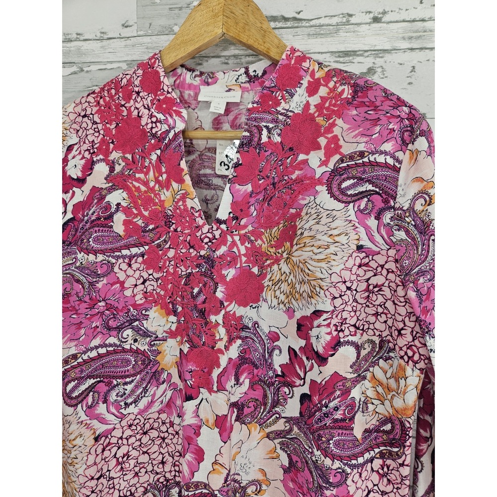 Charter Club Womens S Linen Cotton Paisley Embroidered Tunic Top Pink - Picture 2 of 9